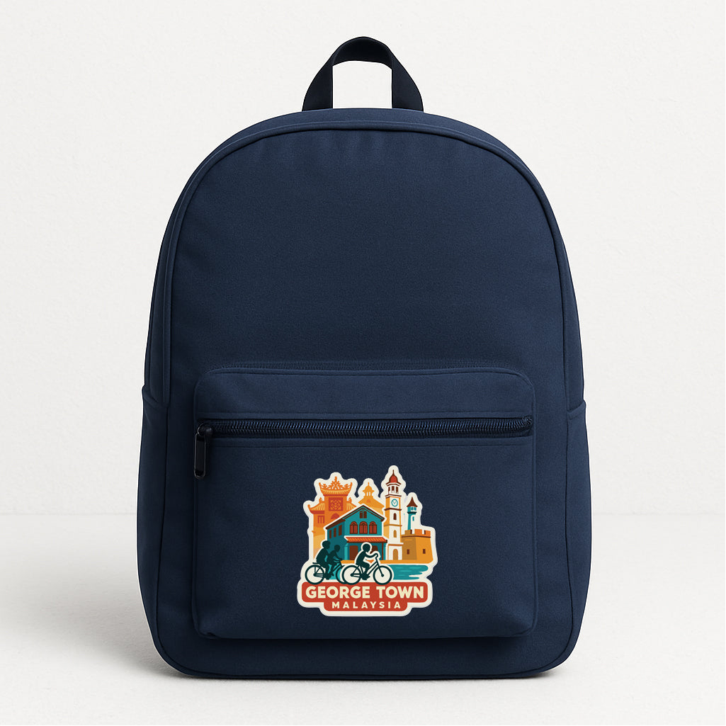 A navy blue backpack with a graphic of a city skyline and the text "GEORGE TOWN MALAYSIA" printed on it.