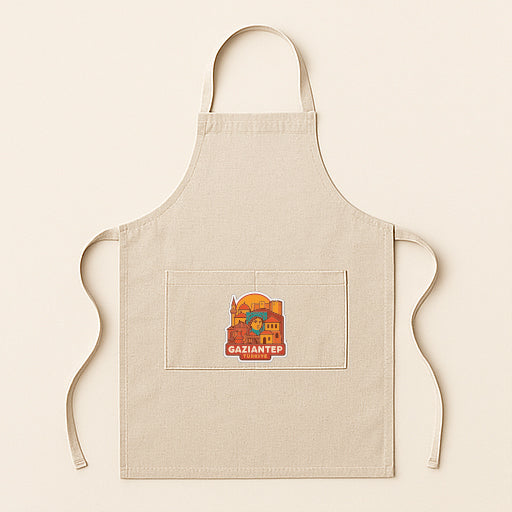 A beige apricot with a colorful graphic on the front pocket.