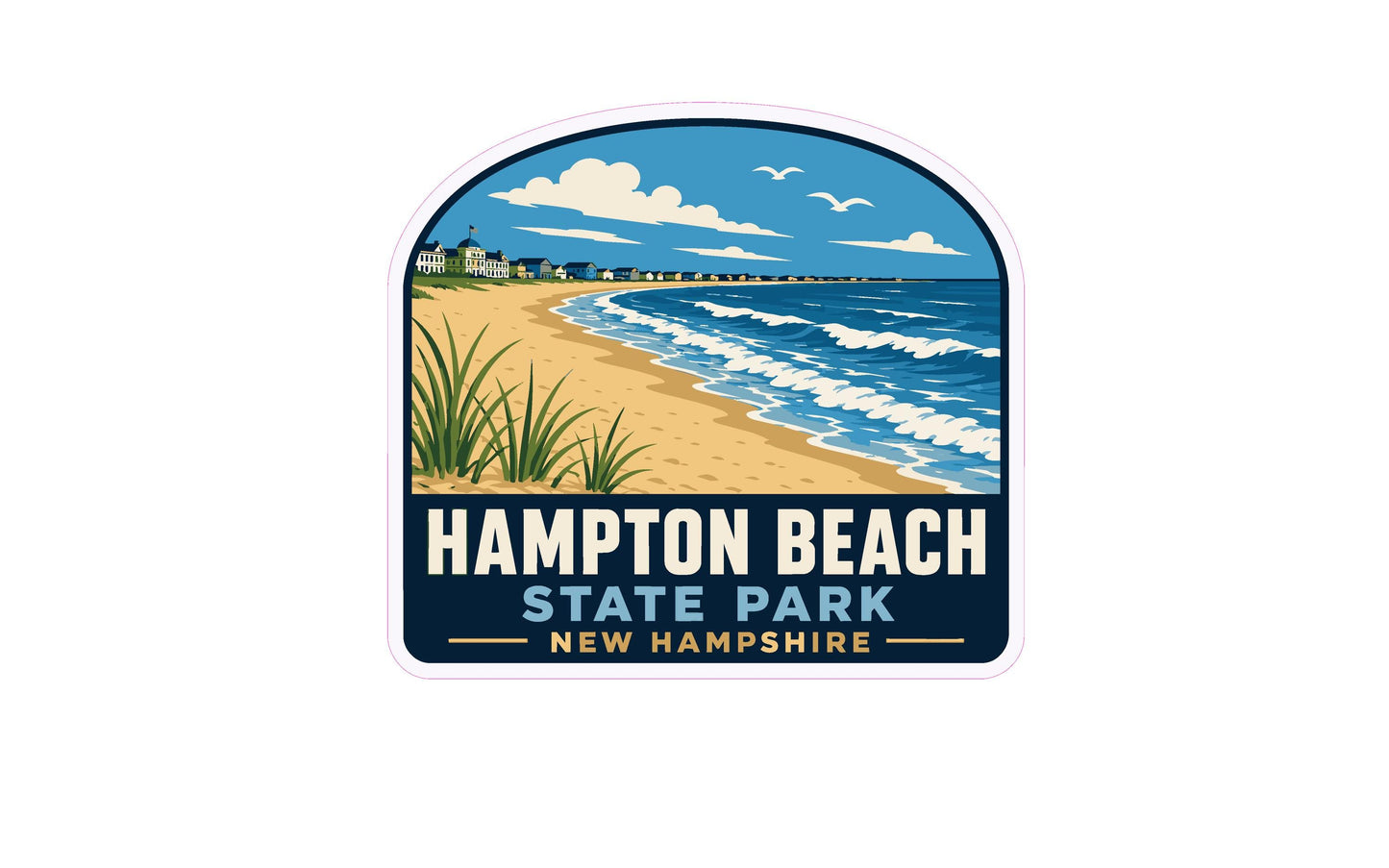 A sticker or emblem featuring a beach scene with a sandy shore, waves, and a small town in the background.