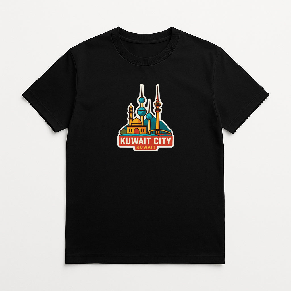 A black t-shirt with a graphic design depicting the skyline of Kuwait City.