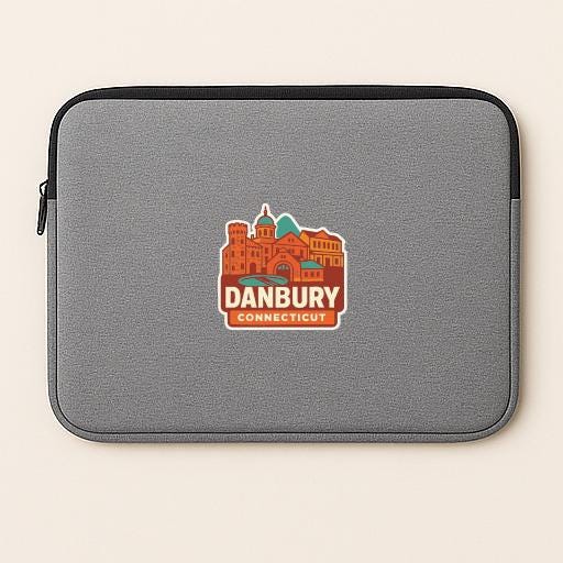 A gray laptop sleeve with a graphic of a cityscape and the text "DANBURY CONNECTICUT" printed on it.