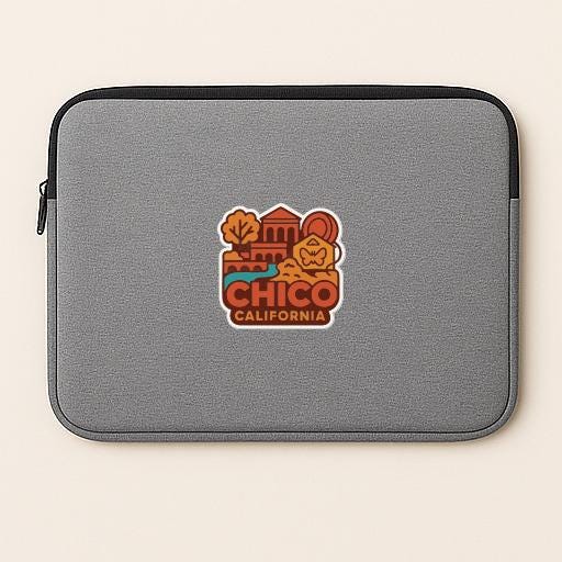 a gray laptop sleeve with a sticker that says "Chico, California".