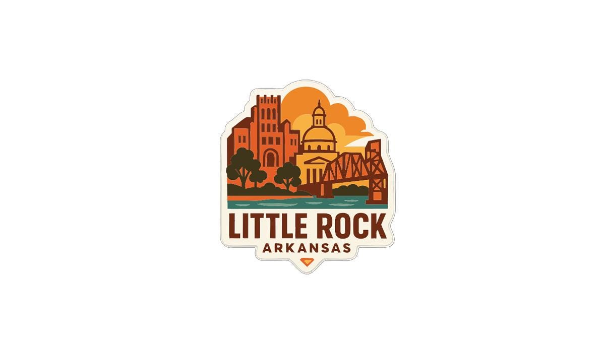 A stylized logo depicting the Little Rock, Arkansas skyline with a bridge and buildings, along with the text "LITTLE ROCK ARKANSAS" prominently displayed.