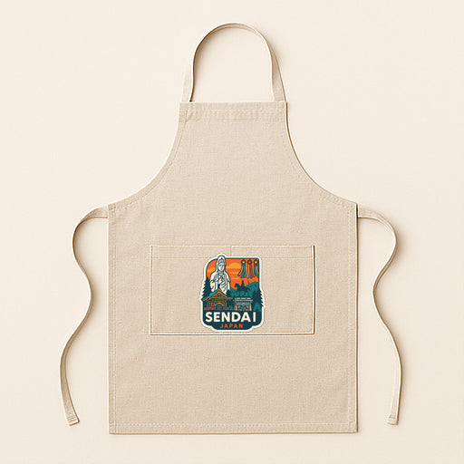 A beige apricot with a graphic design on the front pocket, featuring a person and the text "SENDAI" in a stylized font.