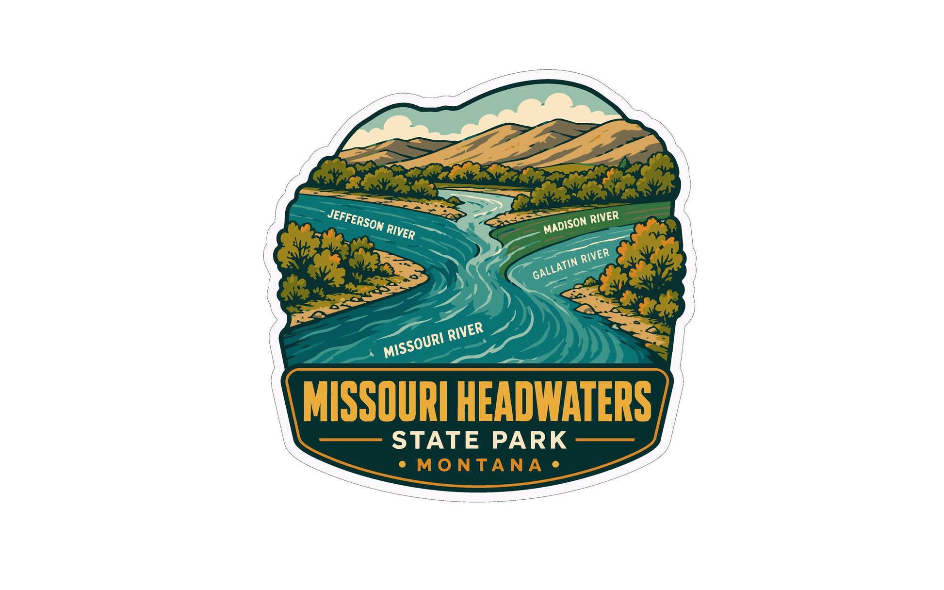 A sticker or emblem featuring a scenic landscape with a river, mountains, and trees, along with the text "Missouri Headwaters State Park" and "Montana" indicating the location.
