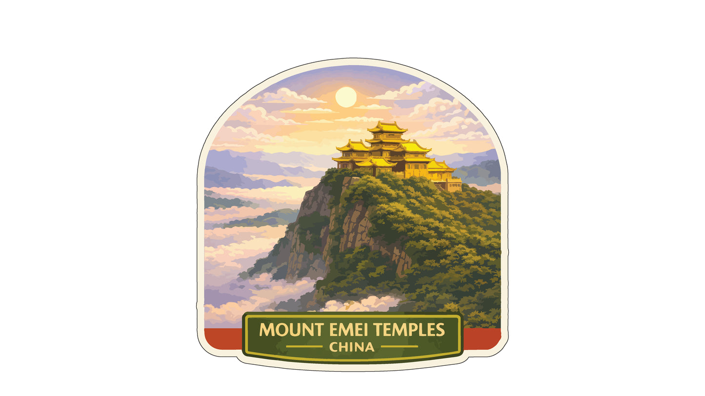 a scenic view of Mount Emei, a famous landmark in China. The temple is perched on a cliff, surrounded by lush greenery and overlooking a valley. The sky above is filled with clouds, creating a dramatic backdrop for the temple. The image is a collage of multiple images, showcasing the beauty and grandeur of Mount Emei.