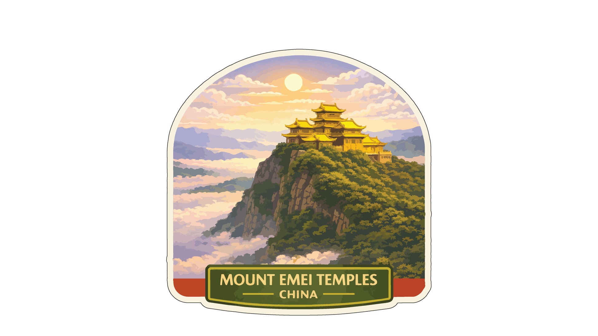 a scenic view of Mount Emei, a famous landmark in China. The temple is perched on a cliff, surrounded by lush greenery and overlooking a valley. The sky above is filled with clouds, creating a dramatic backdrop for the temple. The image is a collage of multiple images, showcasing the beauty and grandeur of Mount Emei.