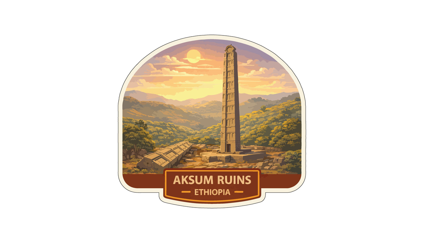 a tall, ancient monument with a scenic landscape in the background, including mountains, trees, and a sunset.