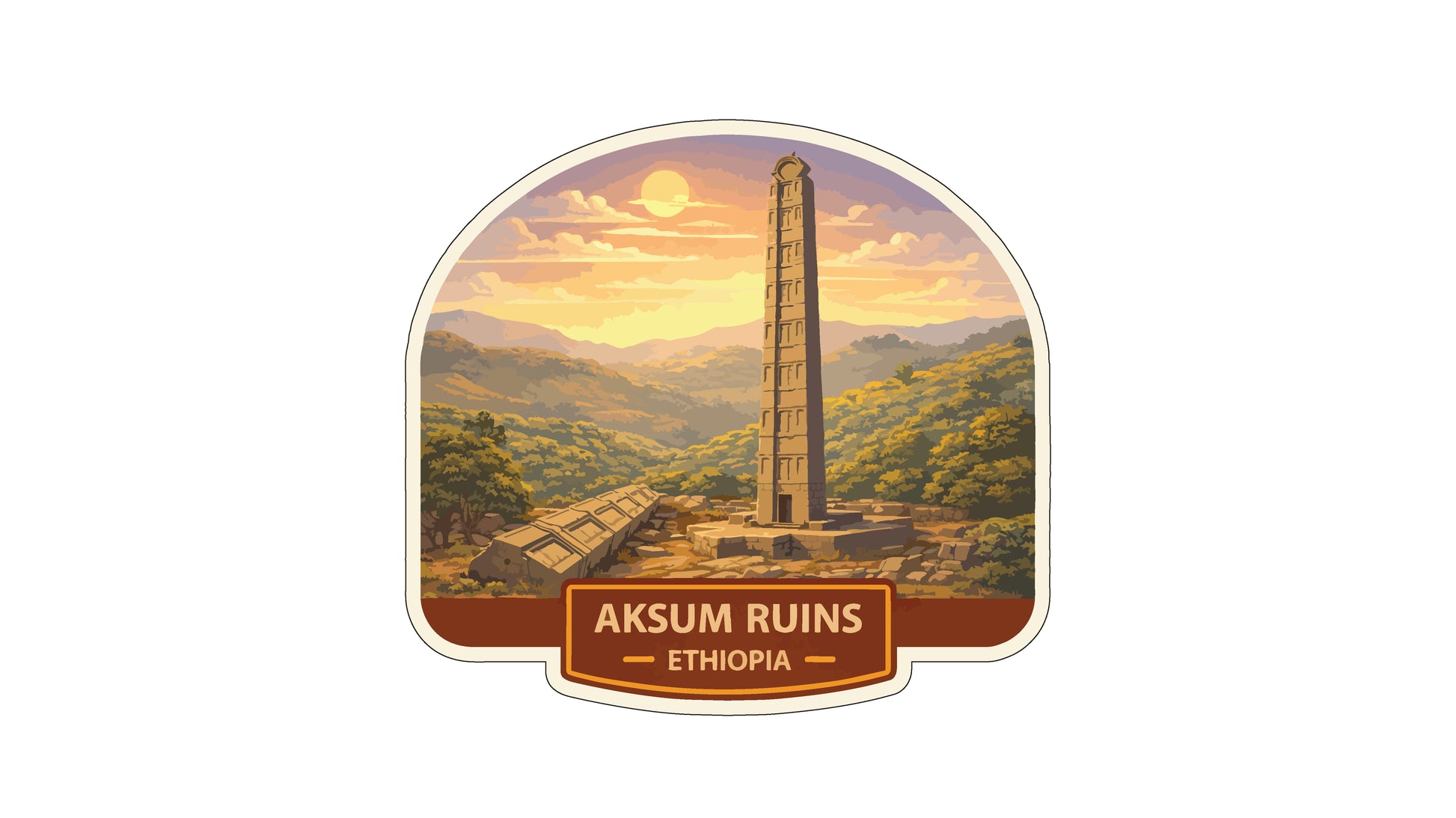 a tall, ancient monument with a scenic landscape in the background, including mountains, trees, and a sunset.