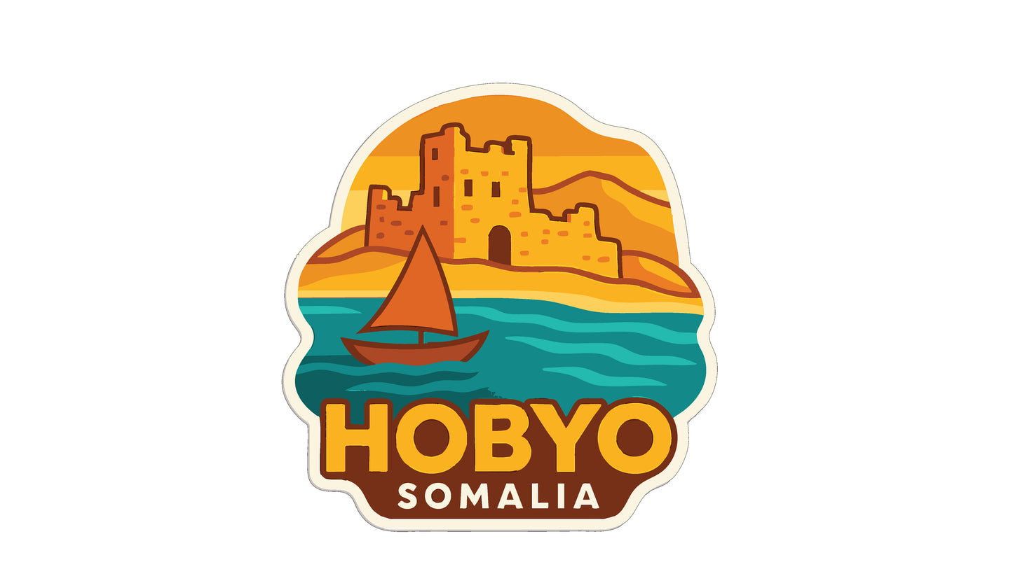 A sticker depicting a castle on a hill overlooking a body of water with a sailboat, representing the city of Hobyo, Somalia.