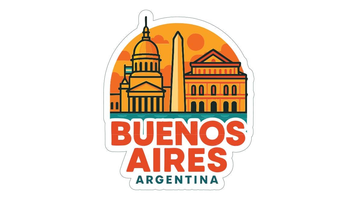 a sticker with the text "BUENOS AIRES ARGENTINA" and an illustration of the city skyline, including the capitol building and other notable landmarks.
