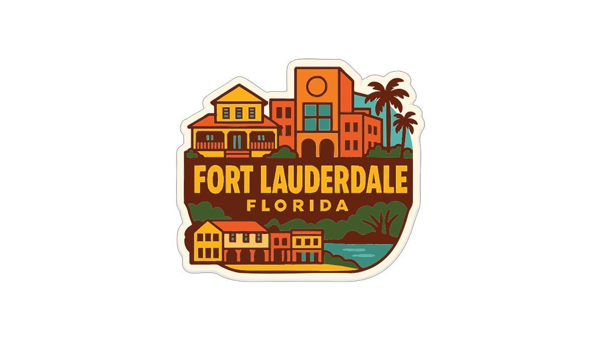 A sticker or emblem featuring the city of Fort Lauderdale, Florida, with a stylized illustration of buildings, palm trees, and a beach.