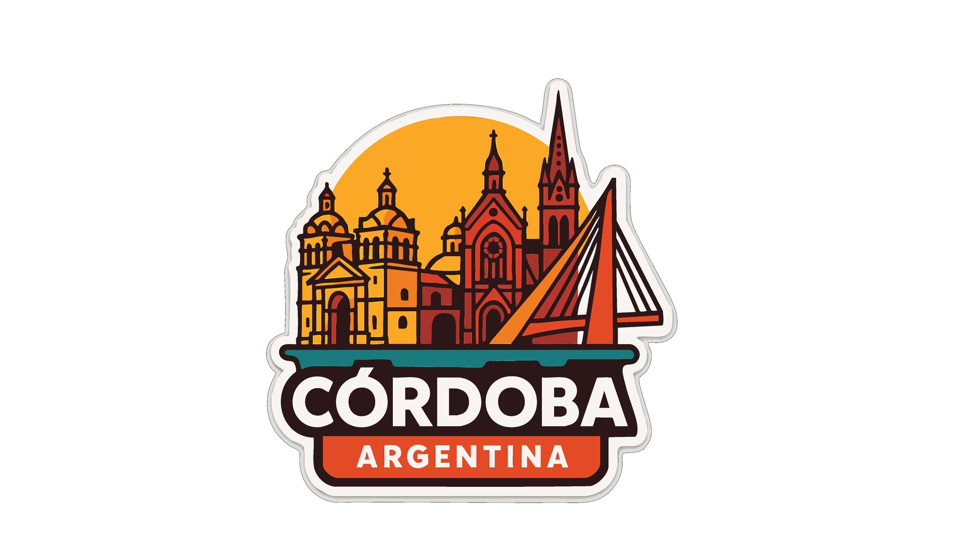 a stylized illustration of the city of Cordoba, Argentina, with various architectural elements such as churches, spires, and a bridge.