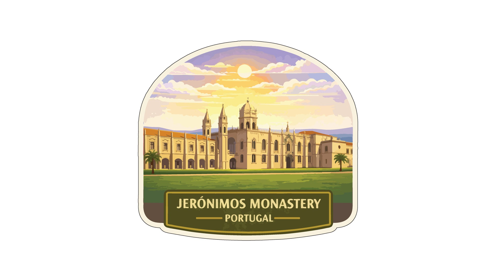 a large, ornate building with a dome and towers, set against a backdrop of a sunset sky with clouds. The text "JERONIMOS MONASTERY PORTUGAL" is displayed below the building, indicating the location of the Monastery.