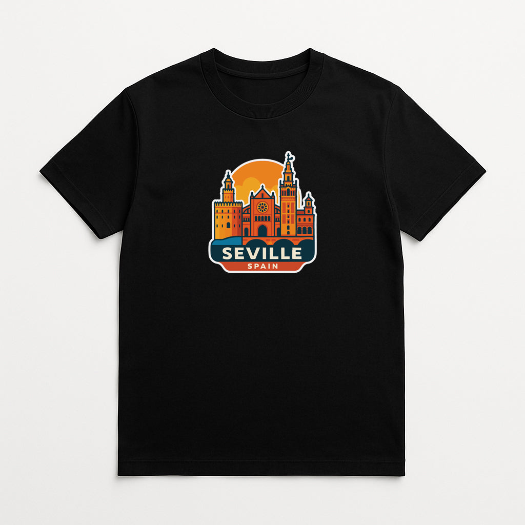 A black t-shirt with a graphic design depicting the city of Seville, Spain, featuring a sun and various buildings.