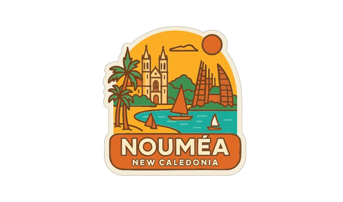 a sticker or emblem with a tropical beach scene, palm trees, and sailboats. The text "NOUMEA NEW CALEDONIA" is prominently displayed, indicating the location of the image.