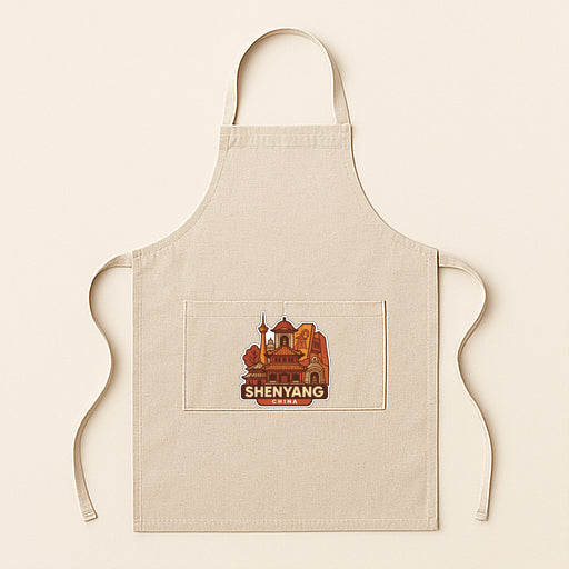 A beige apricot with a graphic of a building and the text "Shenyang" printed on it.