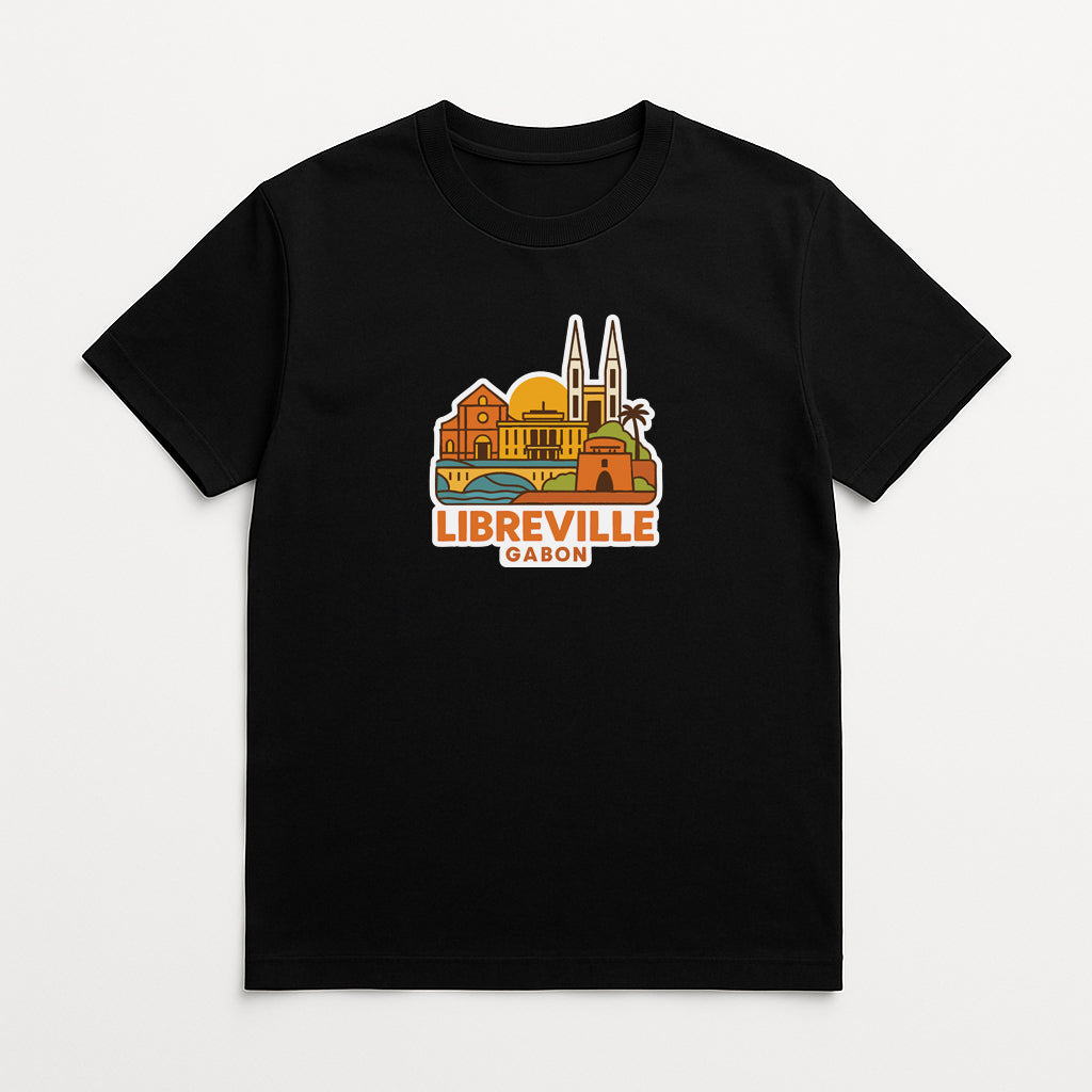 A black t-shirt with a graphic design depicting the city of Libreville, Gabon.