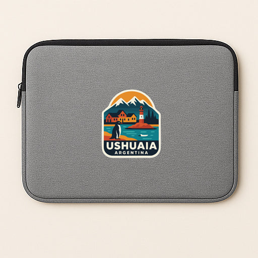A gray laptop sleeve with a colorful logo depicting a scenic landscape with mountains, a lighthouse, and a small town.