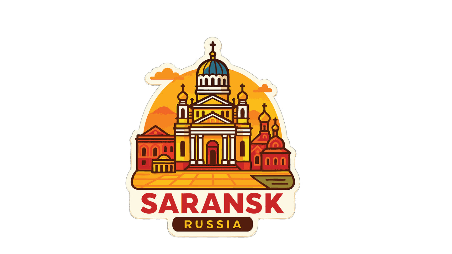 A stylized illustration of the Sarank Cathedral in Sarank, Russia, with a colorful and detailed depiction of the cathedral and surrounding buildings.