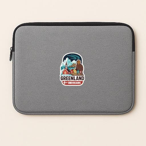 A gray laptop sleeve with a sticker depicting a scenic view of Greenland.