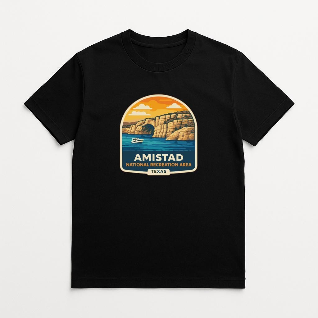 A black t-shirt with a graphic design depicting a scenic landscape with a body of water, mountains, and a boat.
