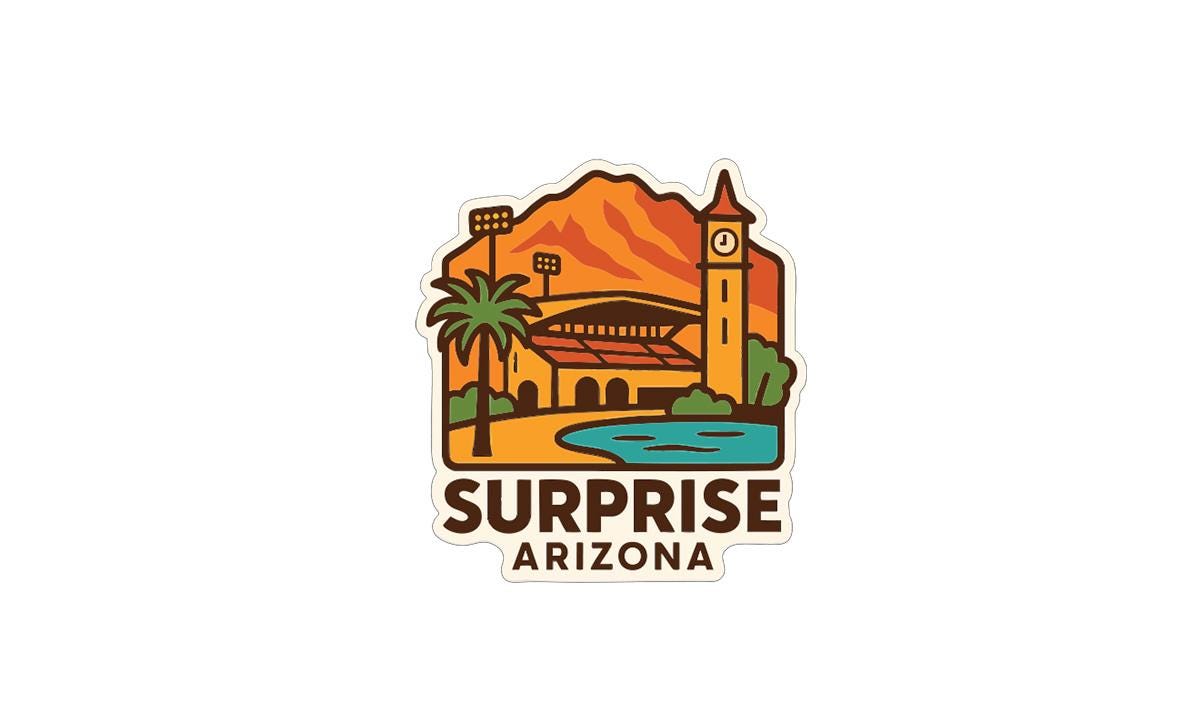 a stylized illustration of a building, palm trees, and a clock tower, with the text "Surprise Arizona" prominently displayed.