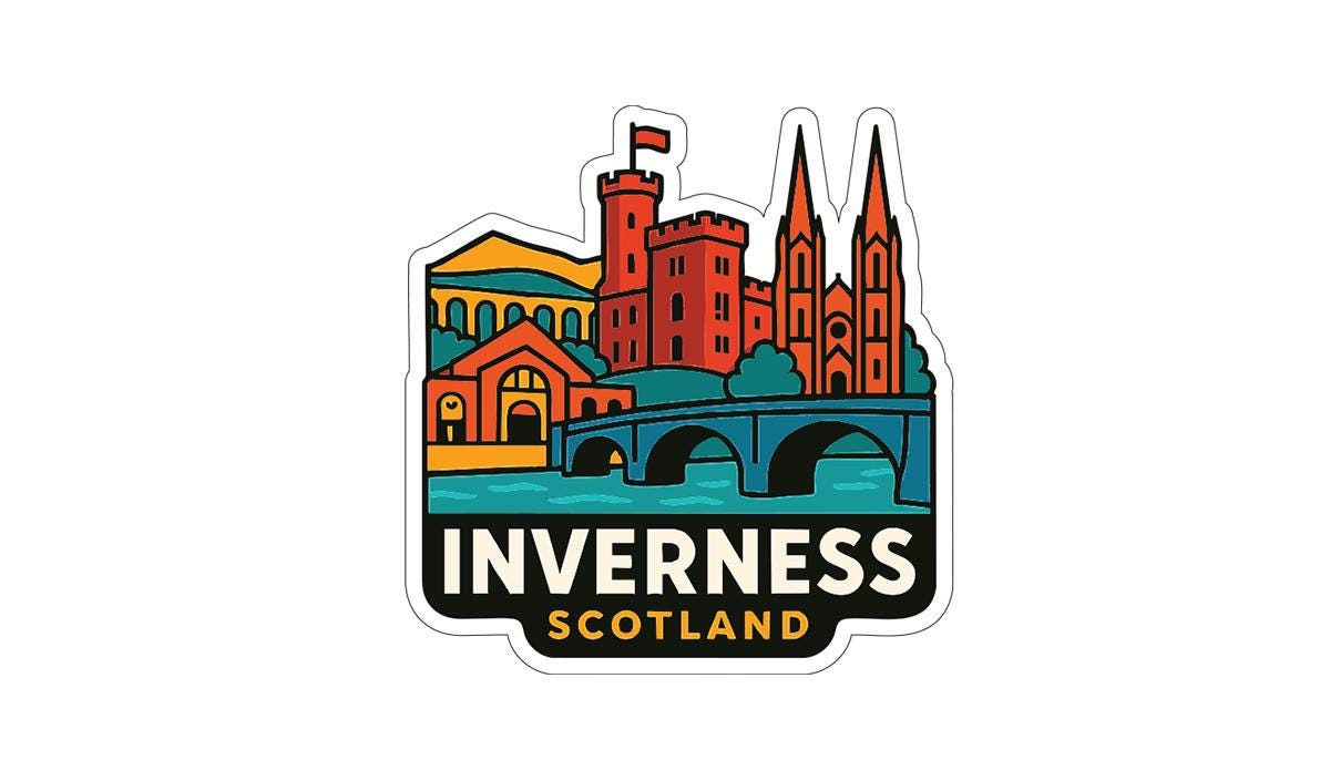 A sticker depicting the Inverness, Scotland, with a castle, bridge, and other landmarks in the background.