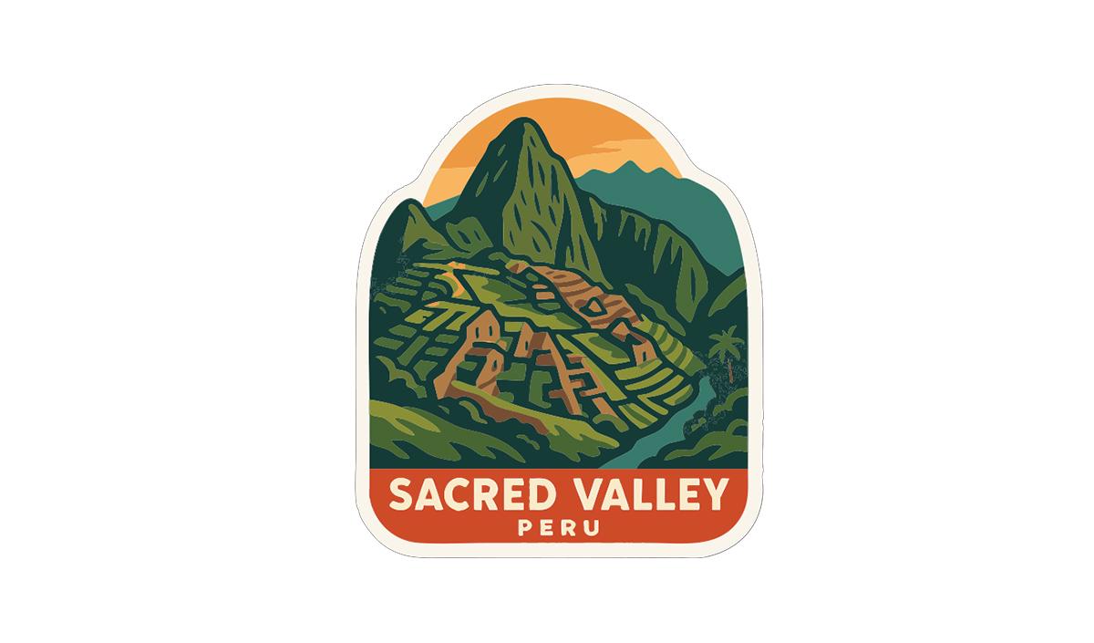 A sticker or emblem depicting the Sacred Valley in Peru, featuring a mountainous landscape with terraced farmland and a sunset sky.