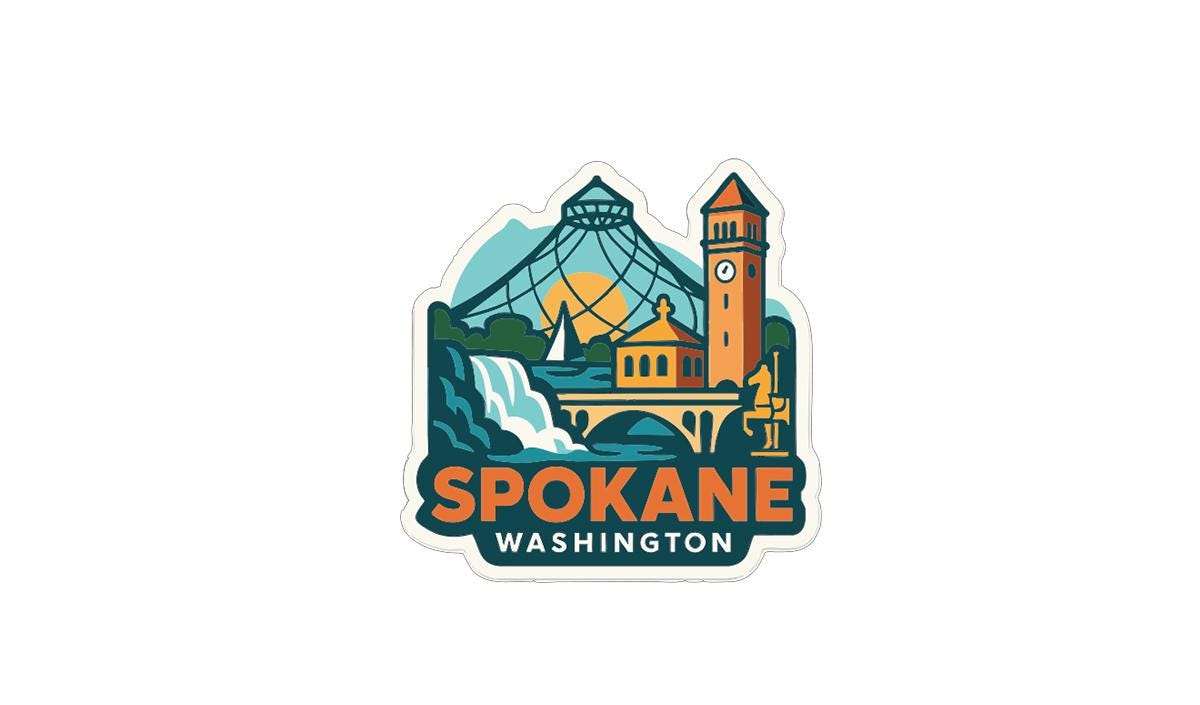 A sticker depicting the city of Spokane, Washington, with various landmarks and elements such as a clock tower, a bridge, and a waterfall.