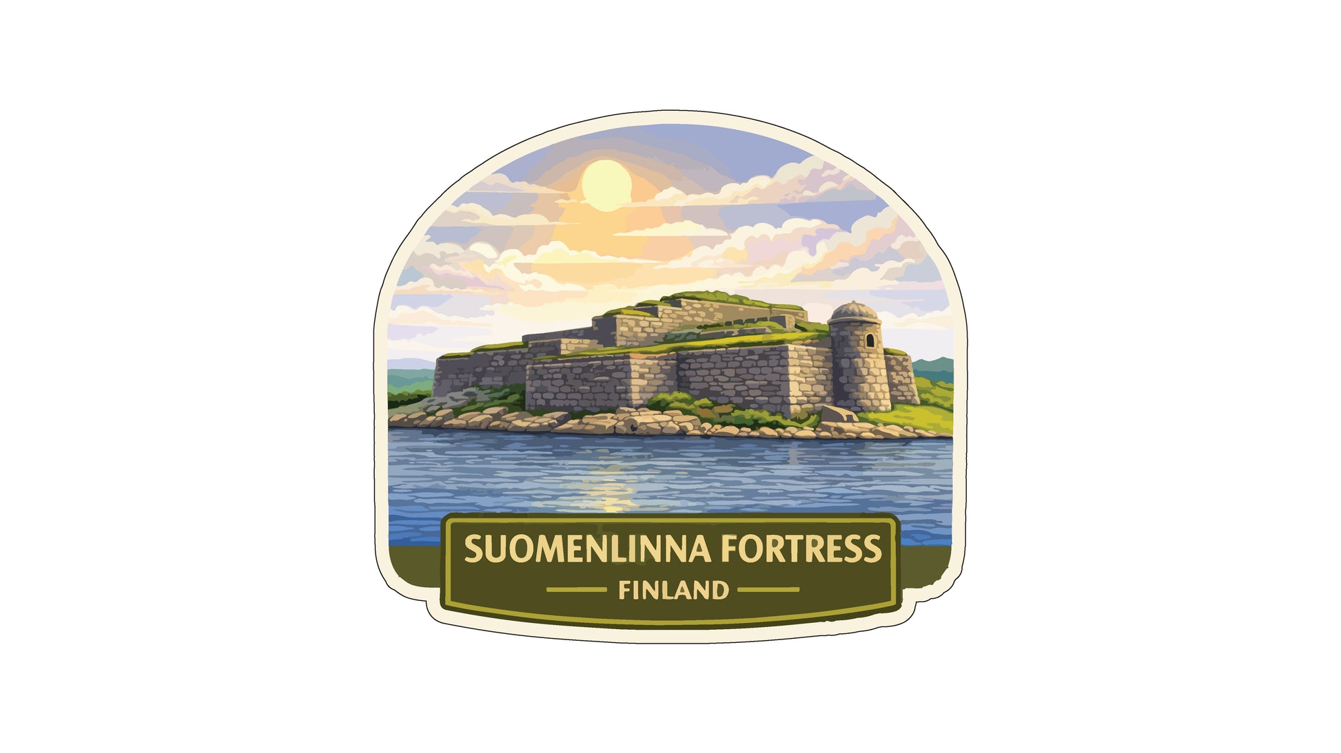 a castle on a hill overlooking a body of water, with a bright sun in the sky.