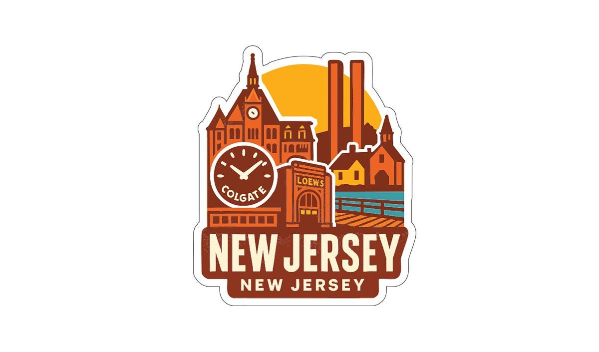 A sticker or emblem featuring various landmarks and buildings in New Jersey, including a clock, a church, and a bridge, with the text "NEW JERSEY NEW JERSEY" prominently displayed.