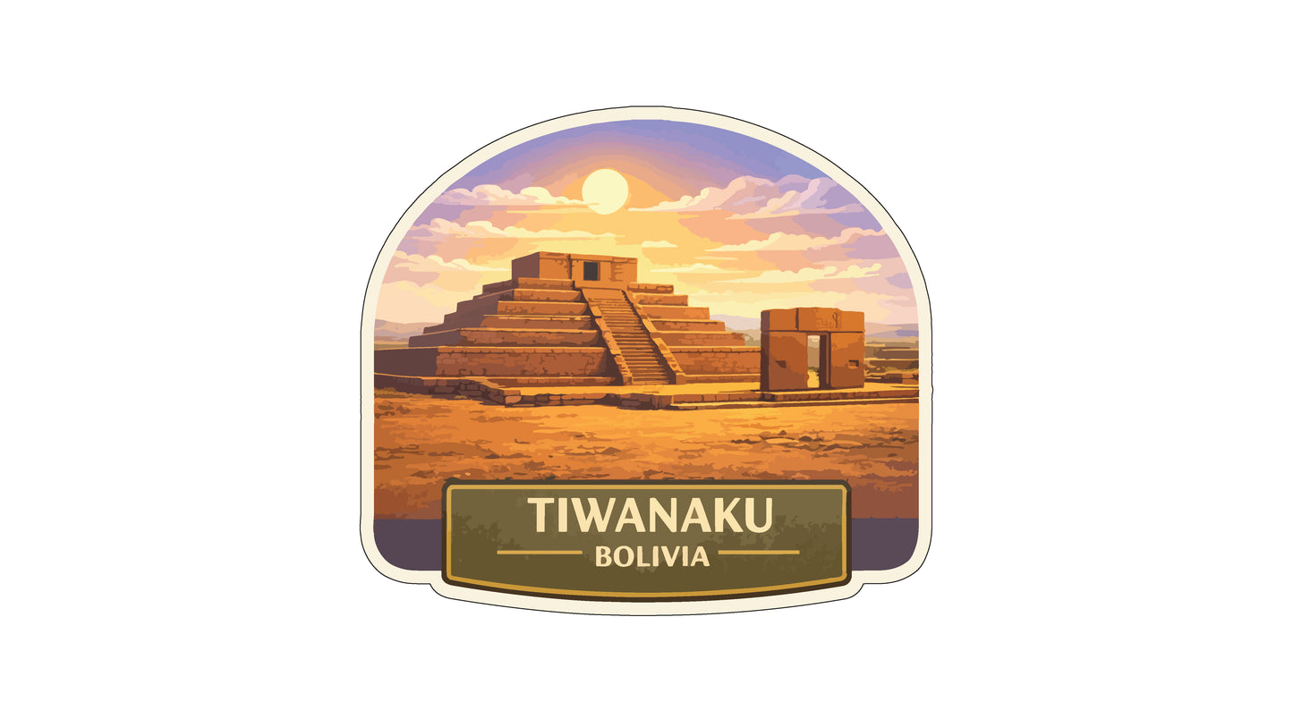 the Tiwanaku ruins in Bolivia, featuring a pyramid-like structure against a backdrop of a sunset sky.