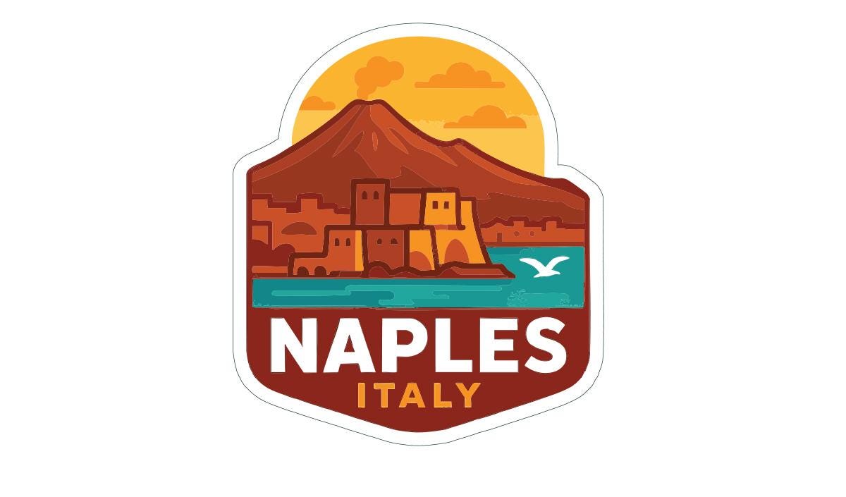 a sticker or emblem with a mountain landscape and a body of water, along with the text "NAPLES ITALY" prominently displayed.