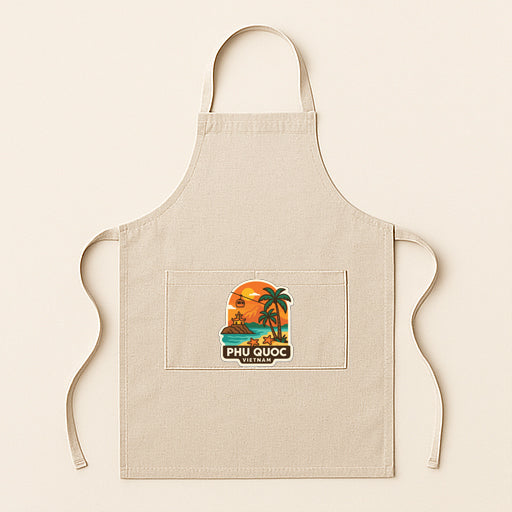 A beige apricot with a graphic design on the front pocket, featuring a tropical beach scene with palm trees and a sunset.