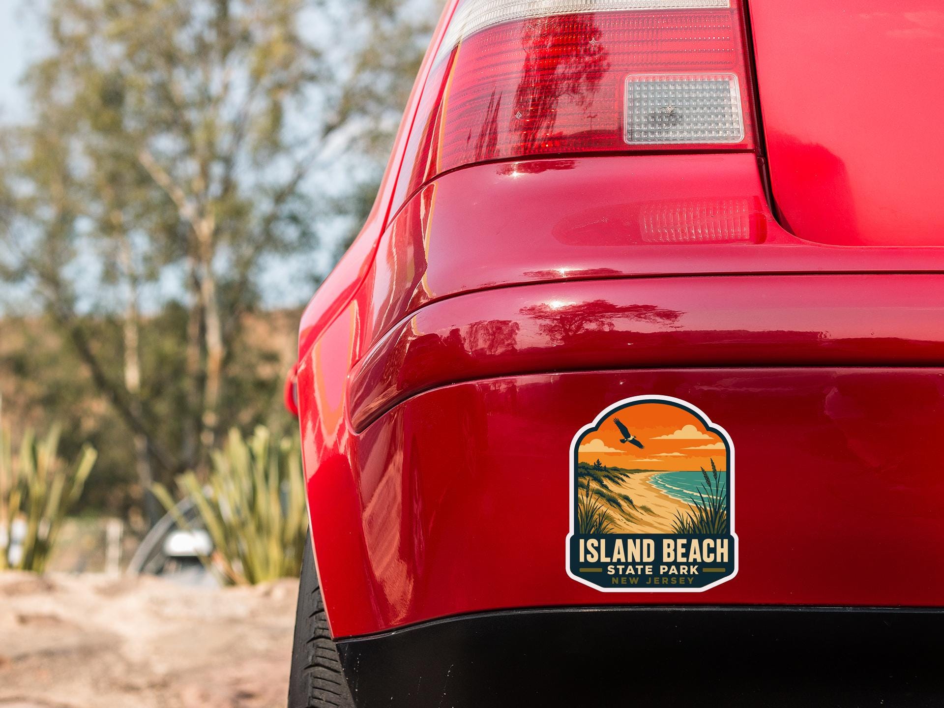 the rear end of a red car with a sticker on the back window that reads "ISLAND BEACH STATE PARK".