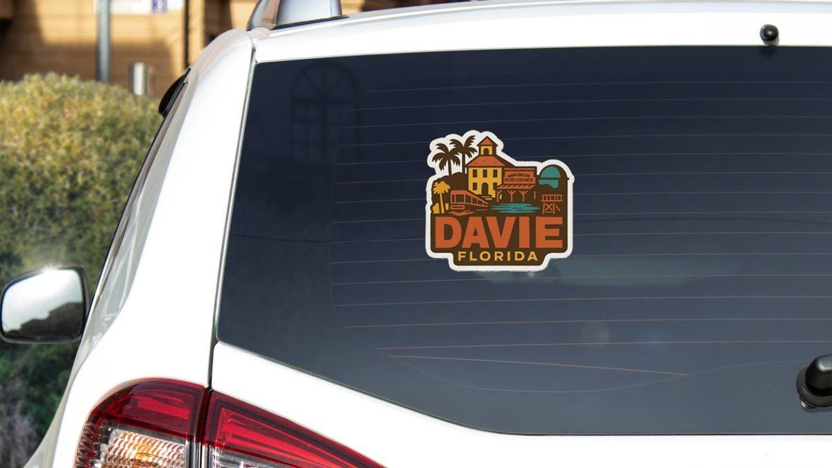 A sticker on the rear window of a white car that says "DAVID FLORIDA".