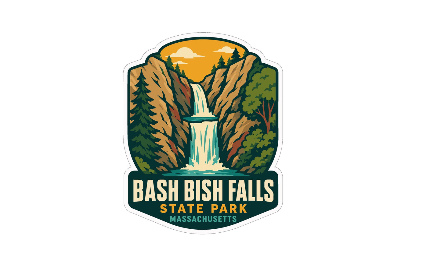 A sticker or emblem featuring a waterfall surrounded by mountains and trees, with the text "Bash Bish Falls State Park Massachusetts" prominently displayed.