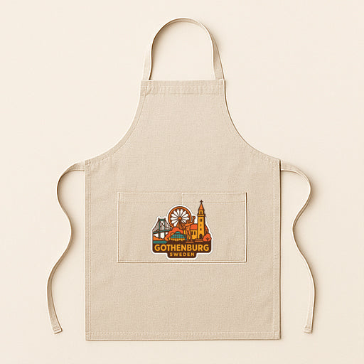 A beige apricot with a graphic design of a city skyline and the text "GOThenburg" printed on it.