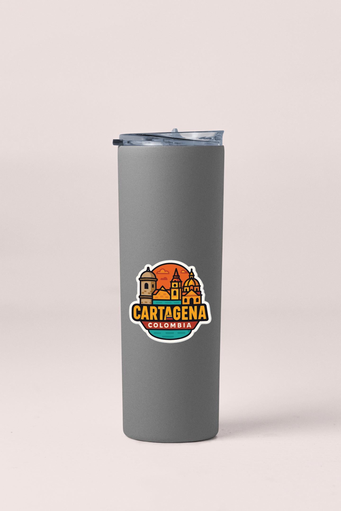 A gray insulated tumbler with a logo that says "Cartagena Colombia".