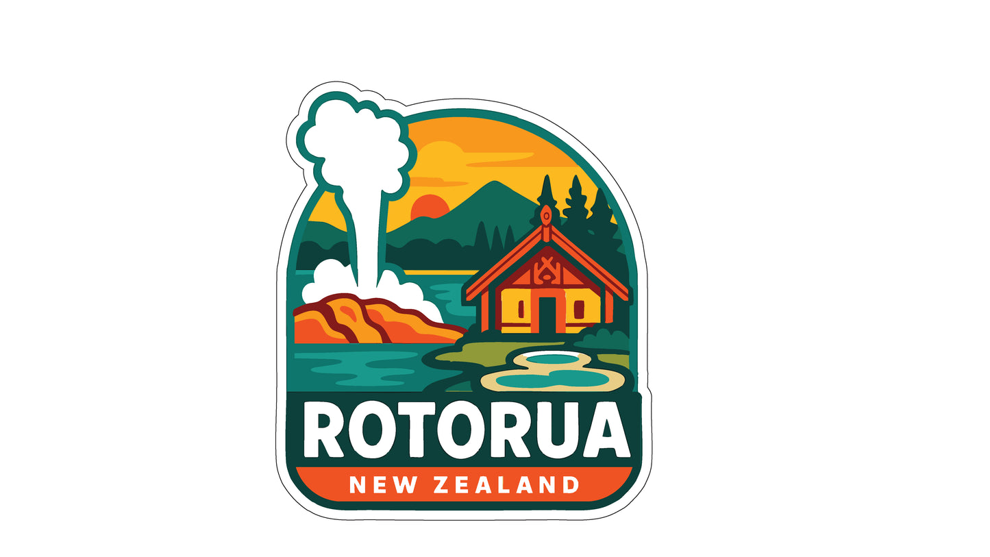 a colorful sticker or logo depicting a scenic landscape with a house, mountains, and a hot spring, along with the text "ROTORUA NEW ZEALAND".