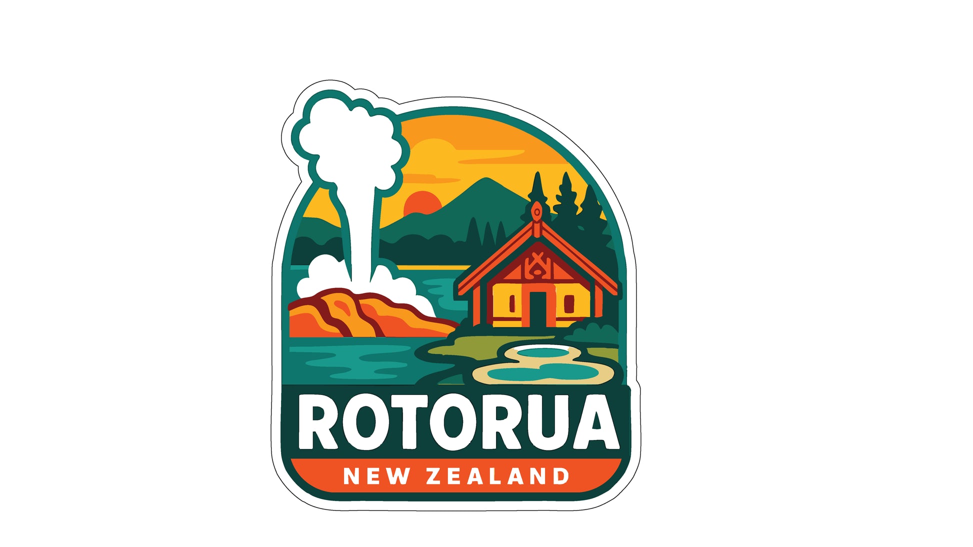 a colorful sticker or logo depicting a scenic landscape with a house, mountains, and a hot spring, along with the text "ROTORUA NEW ZEALAND".