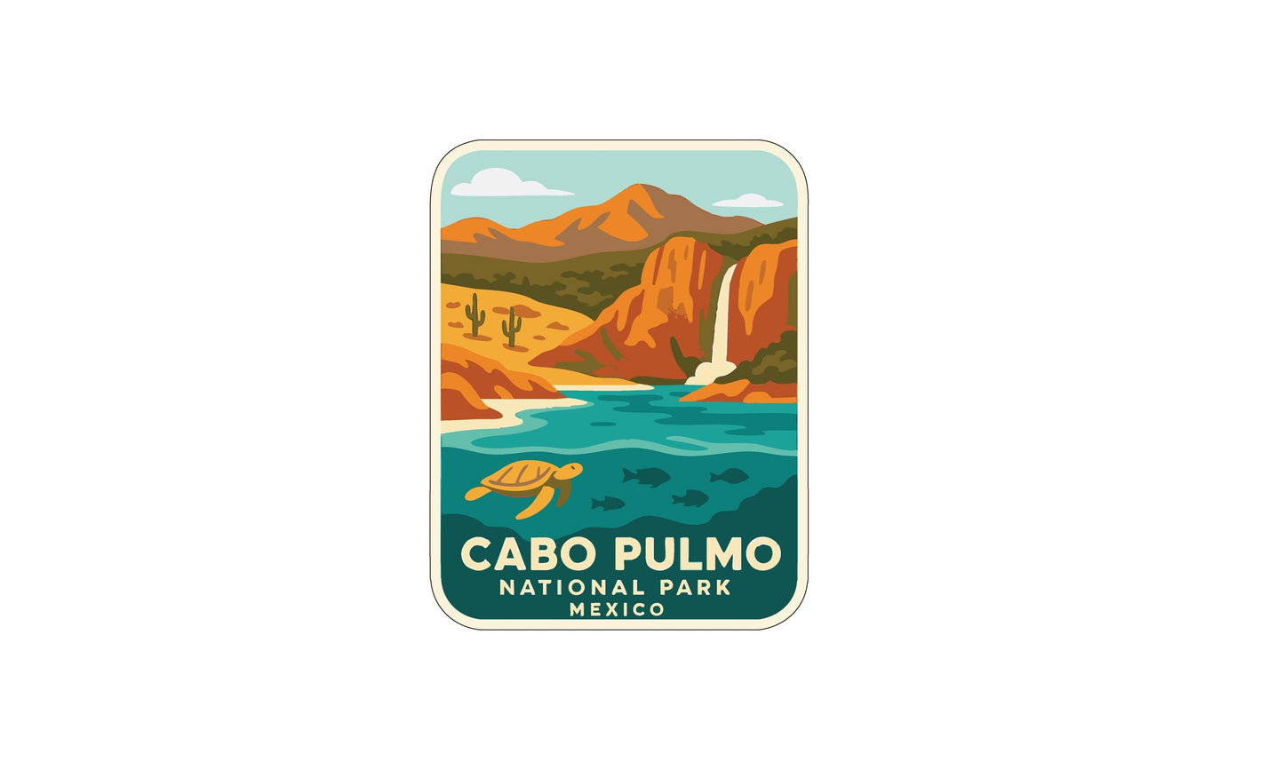 a sticker or label with a scenic illustration of a tropical landscape, including mountains, a waterfall, and a body of water.