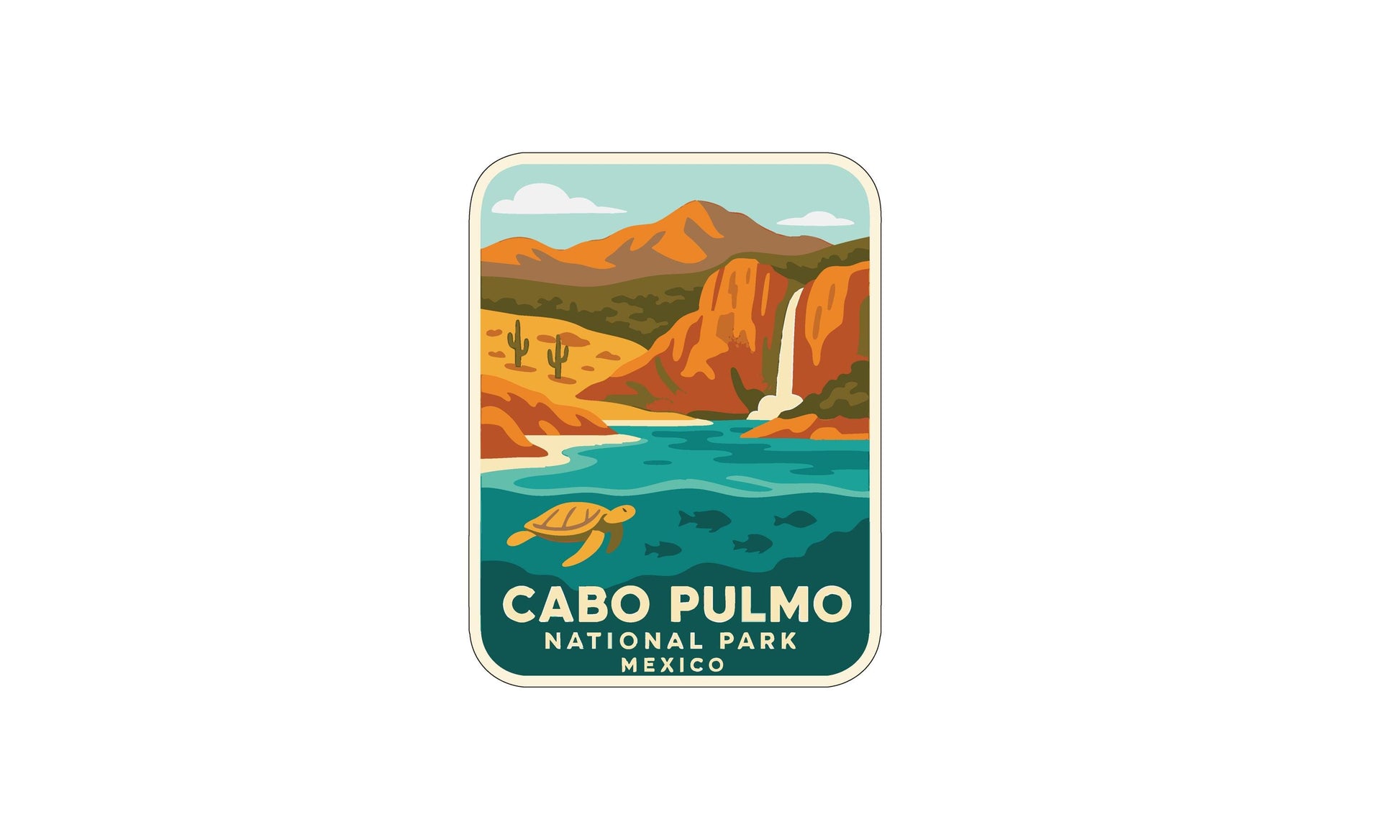 a sticker or label with a scenic illustration of a tropical landscape, including mountains, a waterfall, and a body of water.