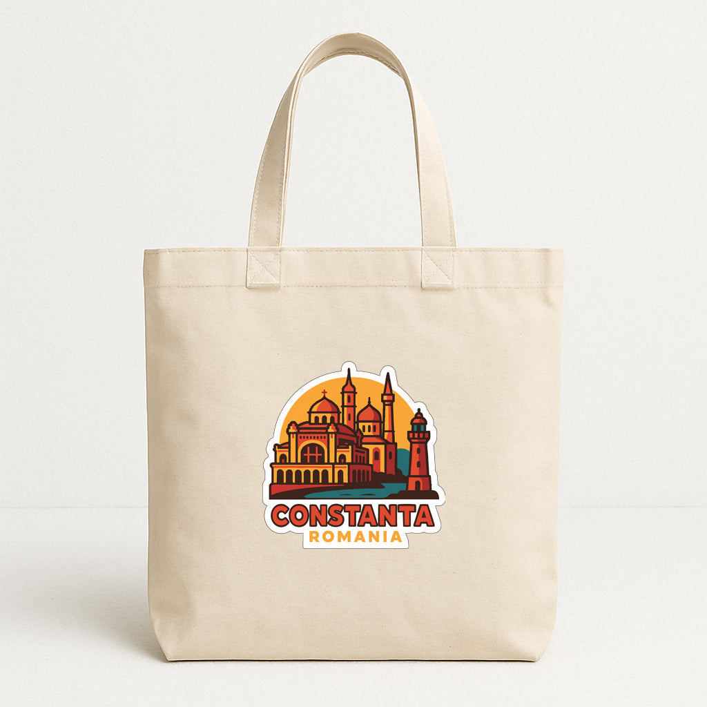 A beige tote bag with a printed design of the city of Constanta, Romania.