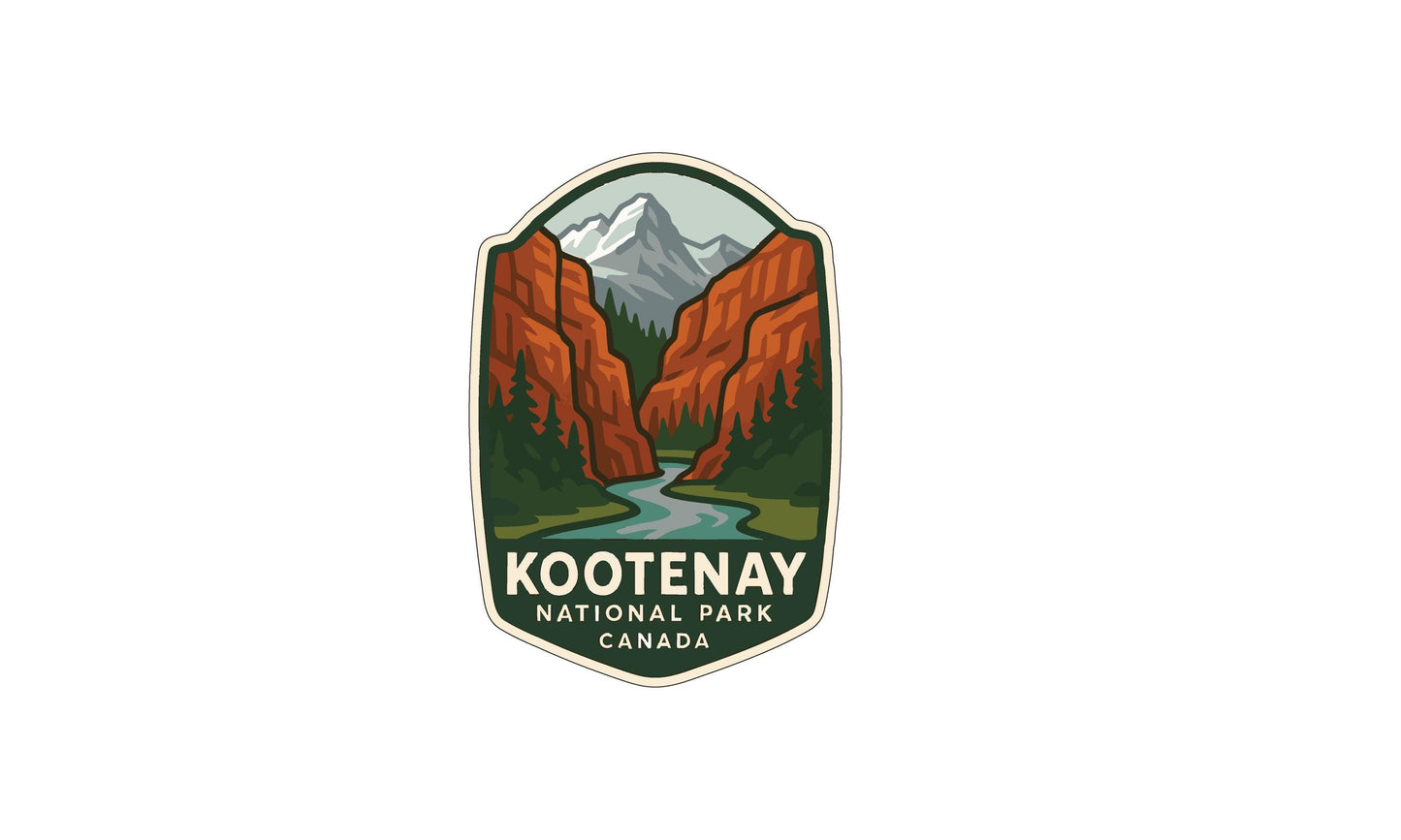 A logo for Kootenay National Park, Canada. The logo features a mountain landscape with a river, surrounded by trees and mountains.