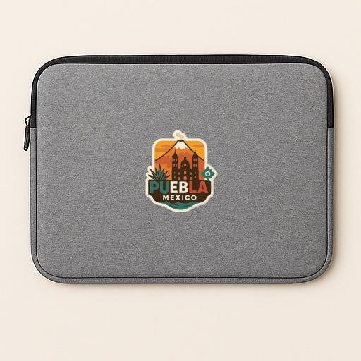 A gray laptop sleeve with a colorful logo of Puebla, Mexico, featuring a mountain and buildings.