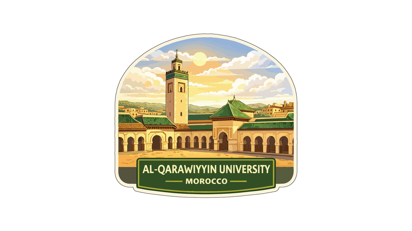 a large, ornate building with a green roof and a tall tower, set against a backdrop of a cloudy sky and a sunset. The text "AL-QARAWYIN UNIVERSITY MOROCCO" is displayed below the illustration.