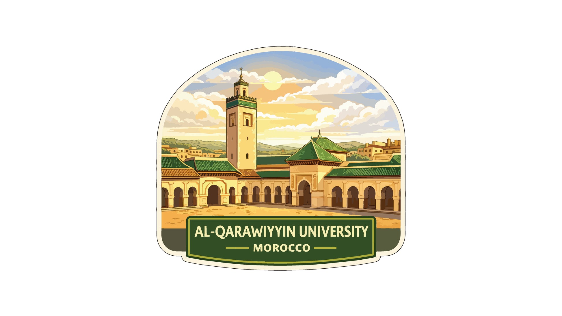 a large, ornate building with a green roof and a tall tower, set against a backdrop of a cloudy sky and a sunset. The text "AL-QARAWYIN UNIVERSITY MOROCCO" is displayed below the illustration.