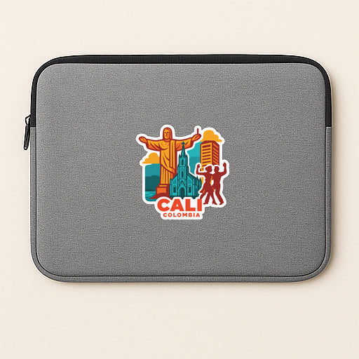 a gray laptop sleeve with a colorful graphic of a city skyline and a statue of Jesus Christ.